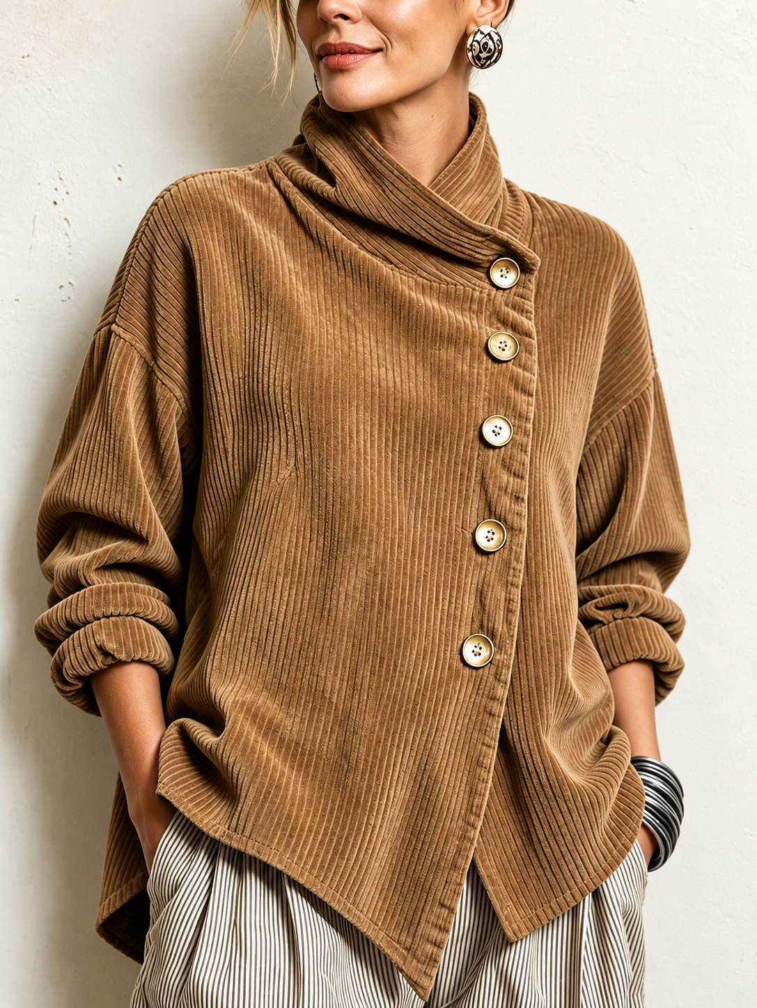 Top Chic Asimmetrico in Velluto a Coste con Collo Alto | Cammello | vista frontale