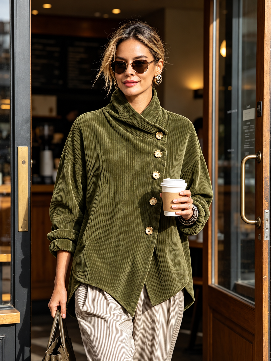 Top Chic Asimmetrico in Velluto a Coste con Collo Alto | Oliva | stile quotidiano