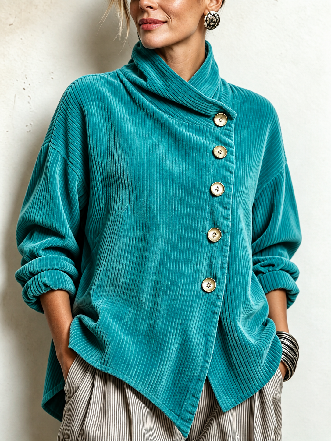 Top Chic Asimmetrico in Velluto a Coste con Collo Alto | Turchese | vista frontale
