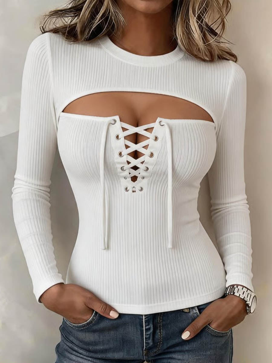 Top in Maglia con Cut-Out e Dettaglio Stringato - Bianco