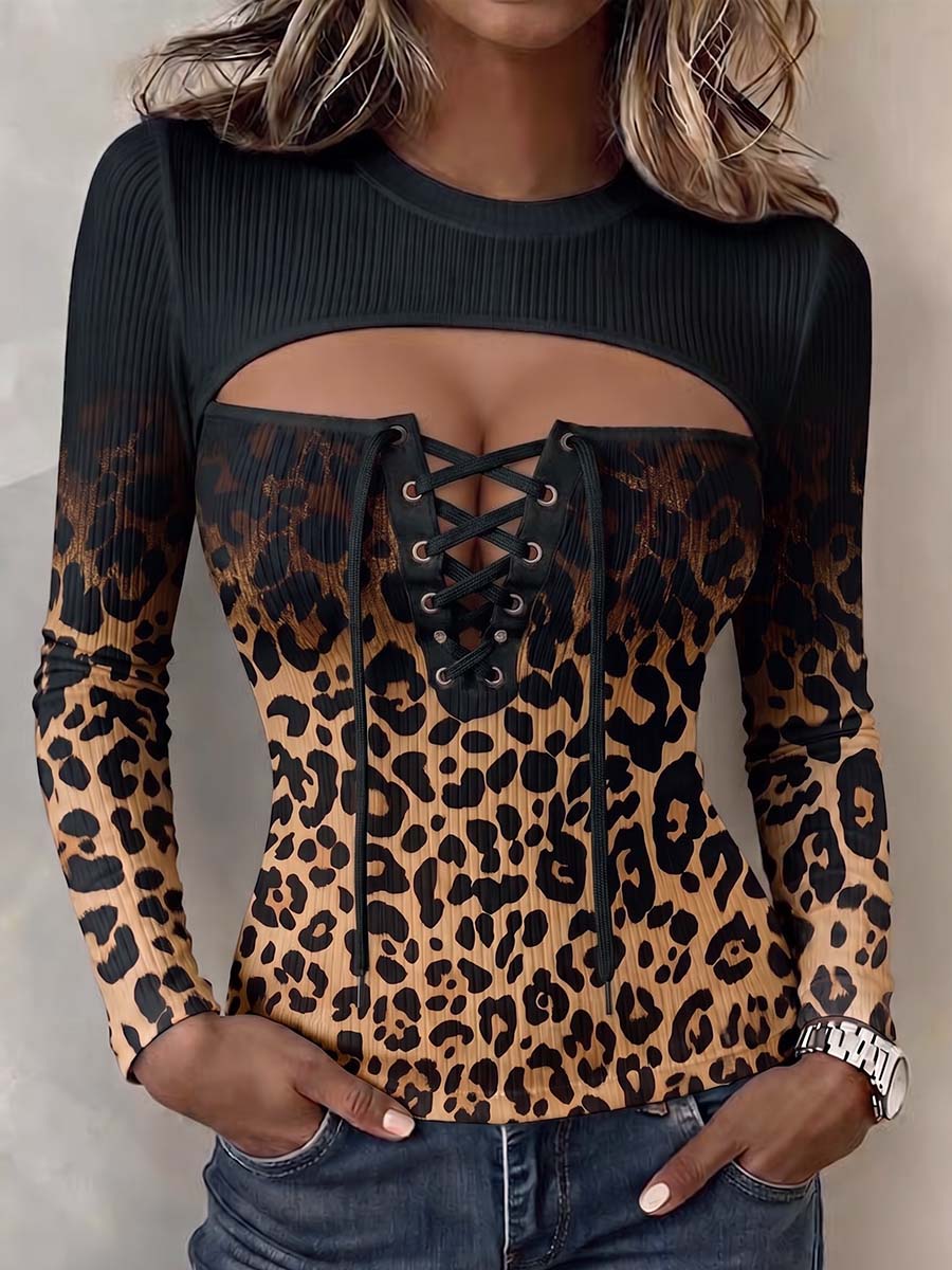 Top in Maglia con Cut-Out e Dettaglio Stringato - Leopardo